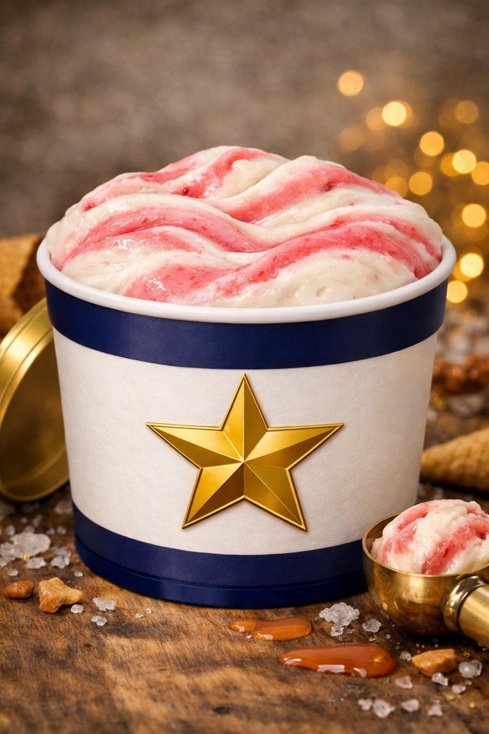 A tub of rippled ice cream carrying a gold star